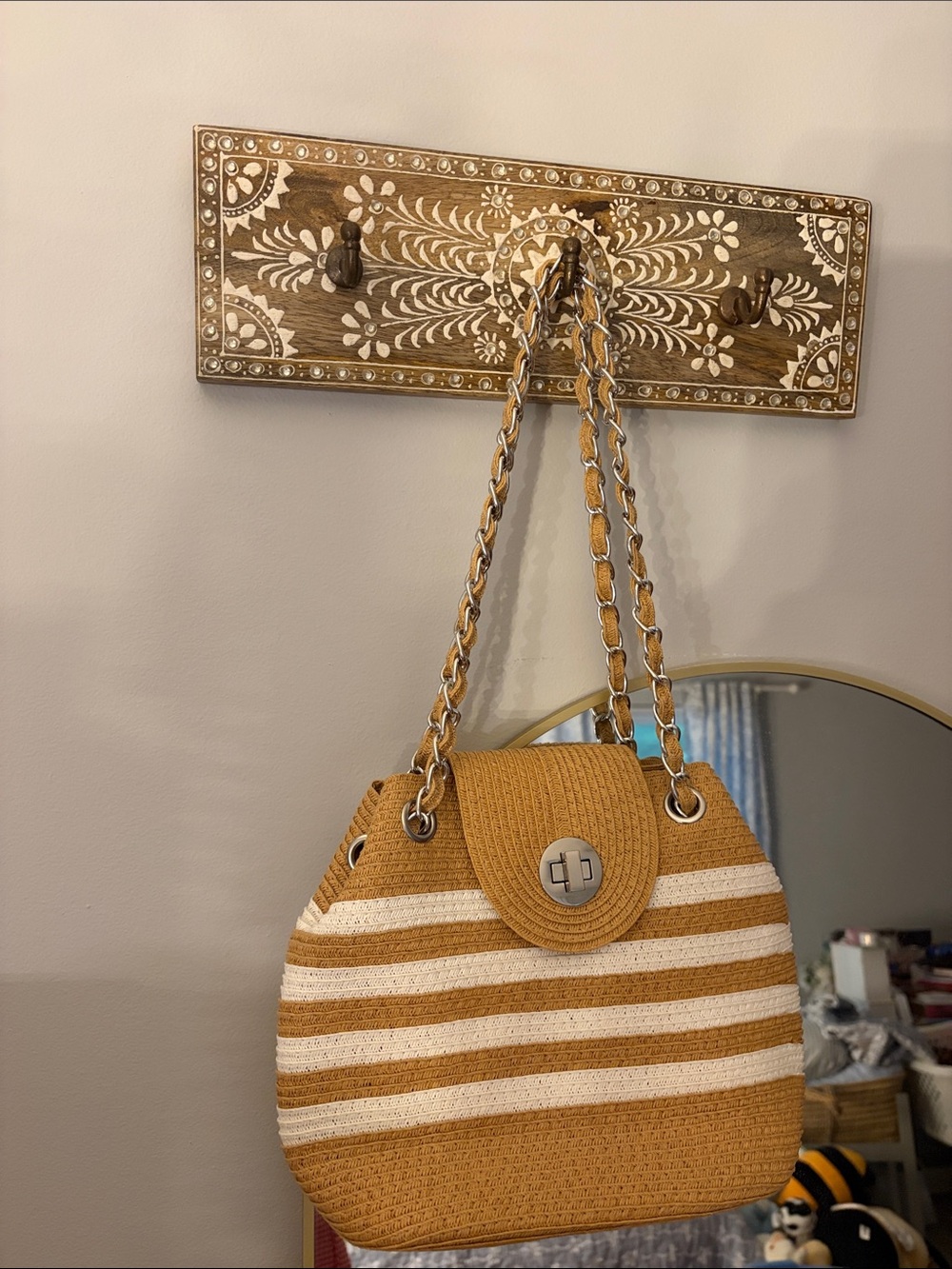 Mustard Yellow and White Striped Shoulder Straw Bag